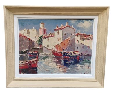 painting of boats in a harbor with buildings in the background
