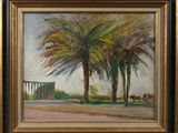 an oil painting of a palm tree in front of a building
