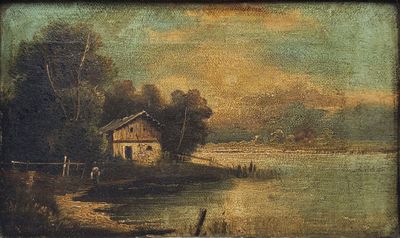 une image d'un tableau représentant une maison au bord de l'eau
