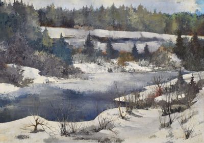 painting of a snowy landscape with a river in the foreground and trees in the background