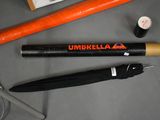 two umbrellas, a pen, and a ballpoint pen on a table