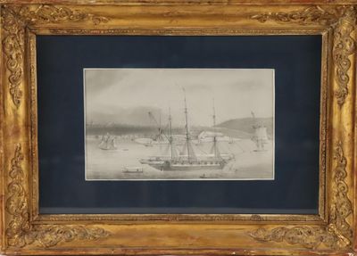 an old picture of a boat in a body of water with a mountain in the background