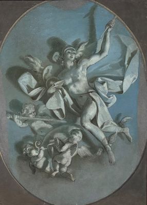 une image représentant un tableau où l'on voit un homme sur un nuage, entouré d'anges