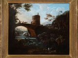an oil painting of a bridge over a river with a castle in the background