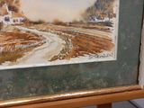 a picture of a painting of a country road in the snow