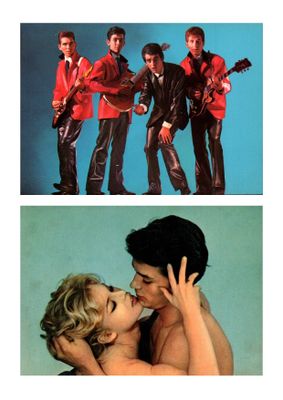 two pictures of a man kissing a woman in front of a group of men