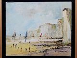 a painting of people on the beach by the water