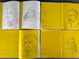 several pages of a book with a drawing of a woman and a man