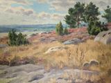 a painting of a landscape with rocks and trees