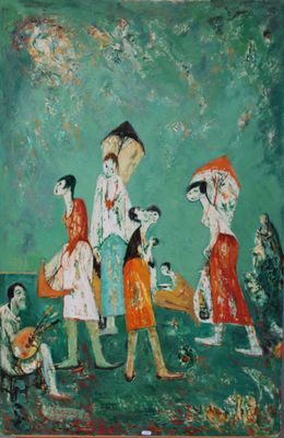 an image of a painting of a group of people with umbrellas