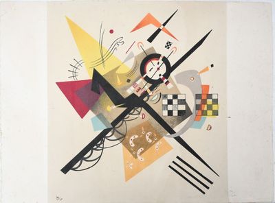 peinture abstraite représentant une horloge et des formes géométriques sur fond blanc