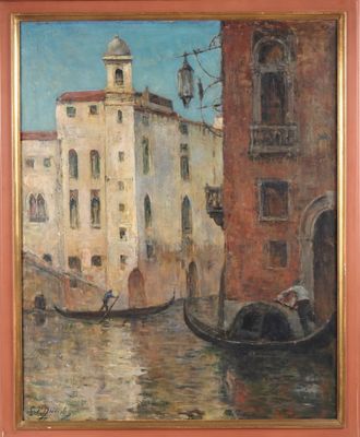 une peinture à l'huile représentant une gondole sur un canal, avec un bâtiment en arrière-plan