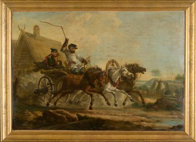 tableau représentant deux hommes à cheval tirant un chariot sur lequel se trouve un homme à l'arrière