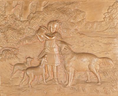 un relief représentant une femme et deux chiens dans un champ