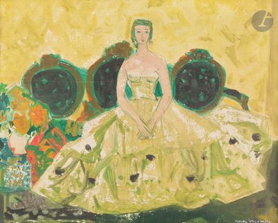 an image of a painting of a woman in a dress sitting on a couch