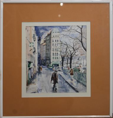 tableau représentant un homme marchant dans une rue en ville