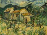 une peinture à l'huile représentant une maison dans un champ, avec des montagnes en arrière-plan
