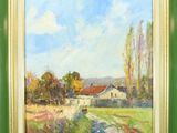 une peinture à l'huile représentant une scène de vie à la ferme, dans un cadre vert