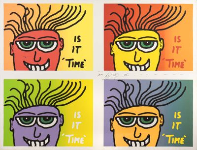four different colored pictures of a man with a mohawk and glasses