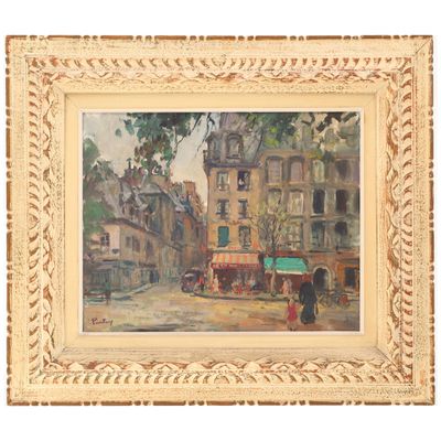 une image d'une peinture représentant une scène de rue avec une voiture à cheval