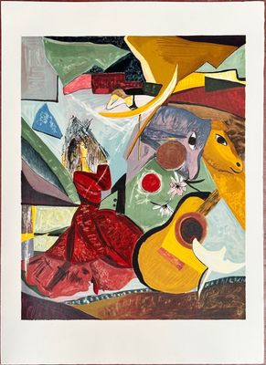 une image représentant un tableau d'une femme en robe rouge tenant une guitare