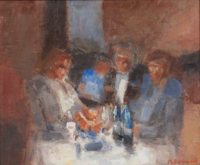 une peinture représentant un groupe de personnes assises à une table