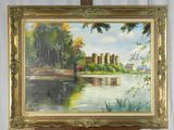 une peinture à l'huile représentant un paysage fluvial avec un château en arrière-plan