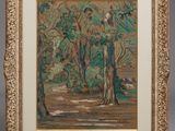 un tableau représentant un paysage avec des arbres et des buissons, dans un cadre doré