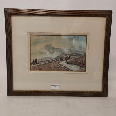 tableau encadré représentant un paysage avec un train qui avance sur les rails