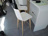two stools that are sitting in front of a counter