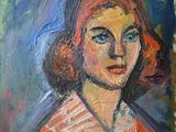 un tableau représentant une femme en robe rouge aux yeux bleus