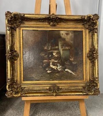a painting of a man with a dog on a table next to a easel