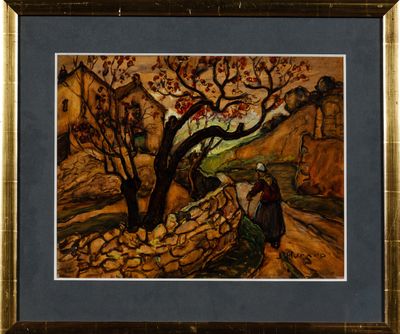 tableau représentant un homme et une femme marchant sur un sentier au milieu d'un paysage montagneux