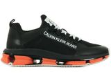 a picture of a black and orange sneaker with the words calvin klein jeans on it