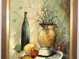 a painting of a vase with flowers and fruit on a table