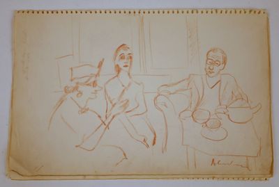 un vieux dessin représentant un homme et une femme assis sur un canapé