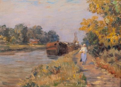 un tableau représentant une femme marchant sur un sentier au bord d'un plan d'eau