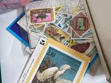 a box full of postcards and stamps on a table