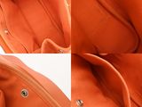 the inside of an orange purse with multiple pictures of the inside of it