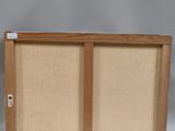 pair of mid - century style oak and burlwood cabinet doors with linen panels