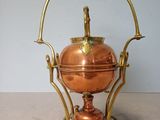 brass plated tea kettle on stand with handle and handles