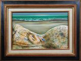 painting of a pair of flip flops resting on a rock on the beach