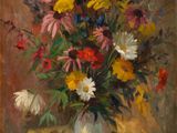 tableau représentant un vase de fleurs posé sur une table, à côté d'un livre