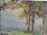 a painting of a landscape with trees in the foreground
