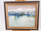 une peinture à l'huile représentant un paysage urbain avec un chevalet en bois sur fond blanc