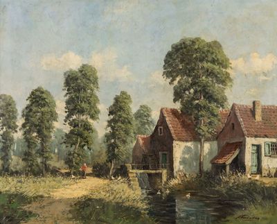 H. Vandendries (XX) 'Vue d'une ferme avec moulin à eau', hui…