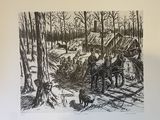 drawing of a group of people in a wooded area with a horse drawn carriage