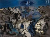 peinture abstraite représentant une ville avec un moulin à vent en arrière-plan
