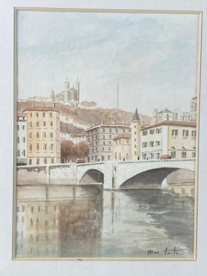 a painting of a bridge over a river with buildings in the background