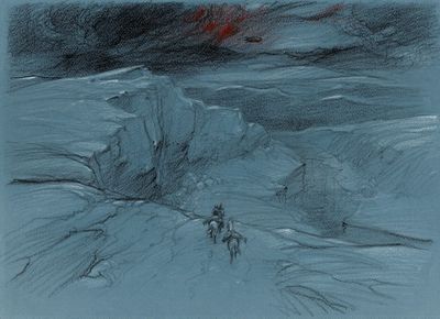 dessin représentant deux personnes à cheval dans un paysage enneigé